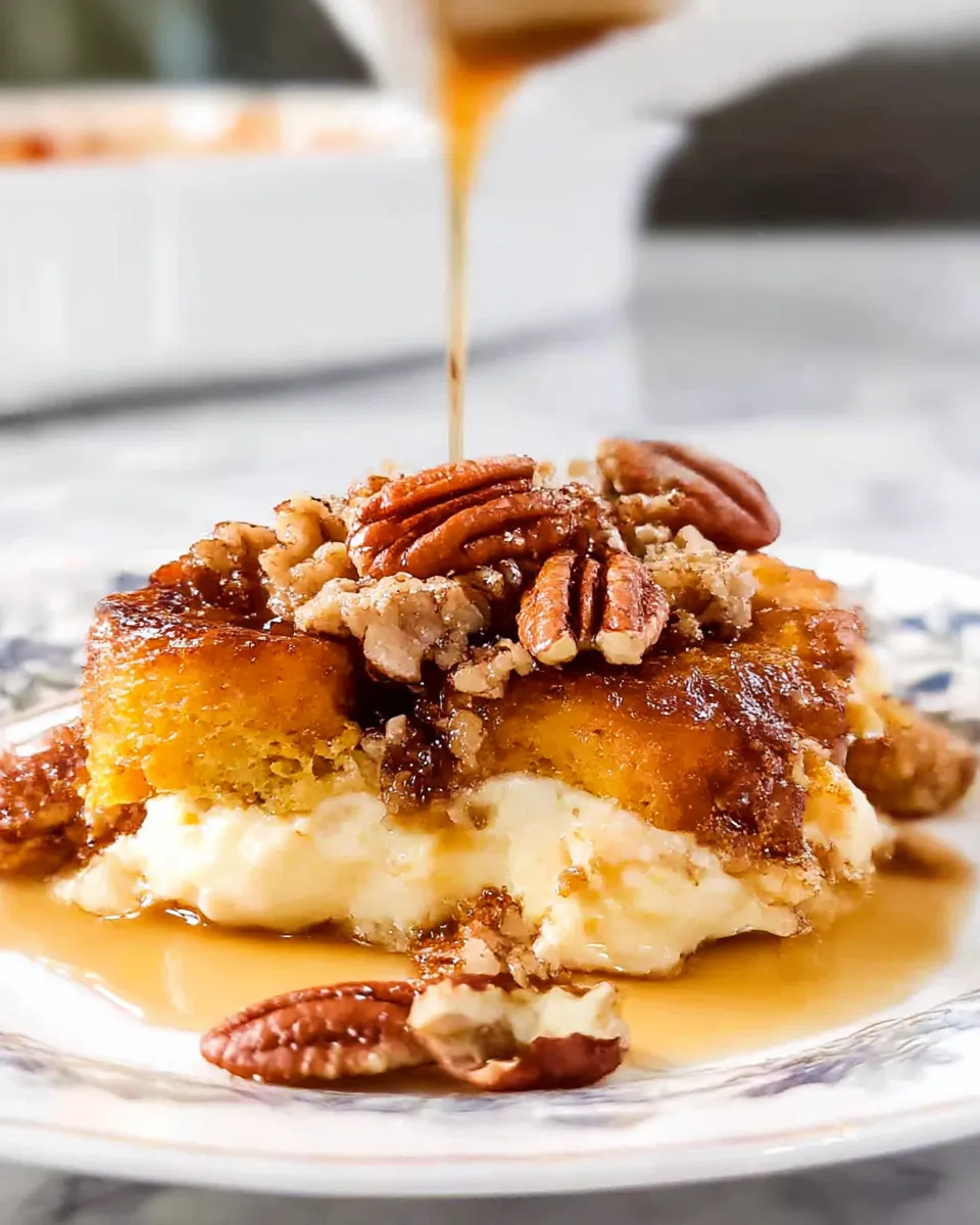 Pumpkin French Toast Bake with Cream Cheese Filling is a cozy fall casserole layered with cream cheese and a pecan topping.