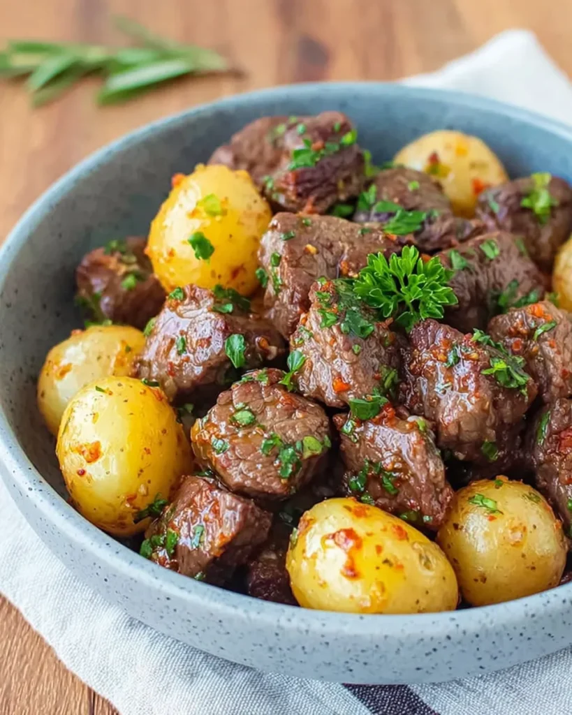Close-up of garlic butter beef bites with golden baby potatoes in a rich garlic butter sauce, garnished with herbs, served warm in a rustic bowl.