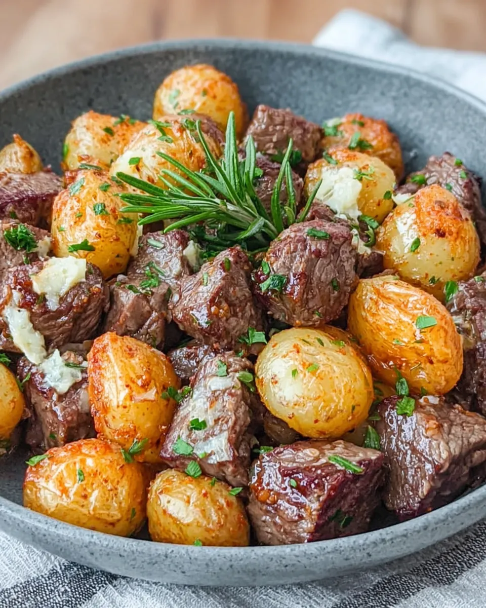 Close-up of garlic butter beef bites with golden baby potatoes in a rich garlic butter sauce, garnished with herbs, served warm in a rustic bowl.
