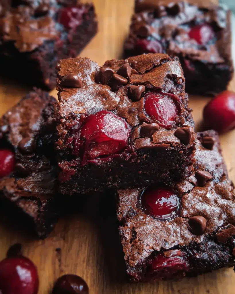 Close-up of fudgy roasted chocolate cherry brownies topped with juicy roasted cherries and melted chocolate chips, cut into squares and served on parchment paper.