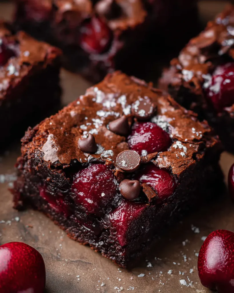 Close-up of fudgy roasted chocolate cherry brownies topped with juicy roasted cherries and melted chocolate chips, cut into squares and served on parchment paper.