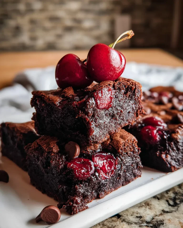 Close-up of fudgy roasted chocolate cherry brownies topped with juicy roasted cherries and melted chocolate chips, cut into squares and served on parchment paper.