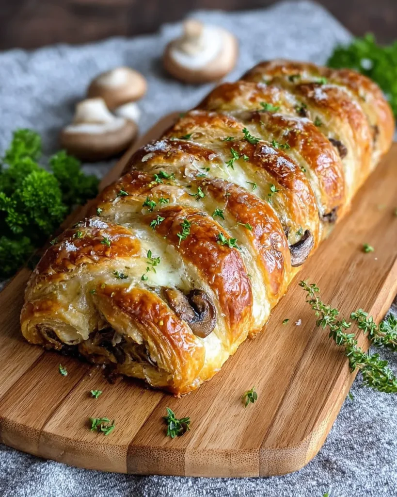 Golden baked puff pastry braid filled with mushrooms, Gruyère, Parmesan, and cream cheese, cooling on parchment with fresh parsley garnish.