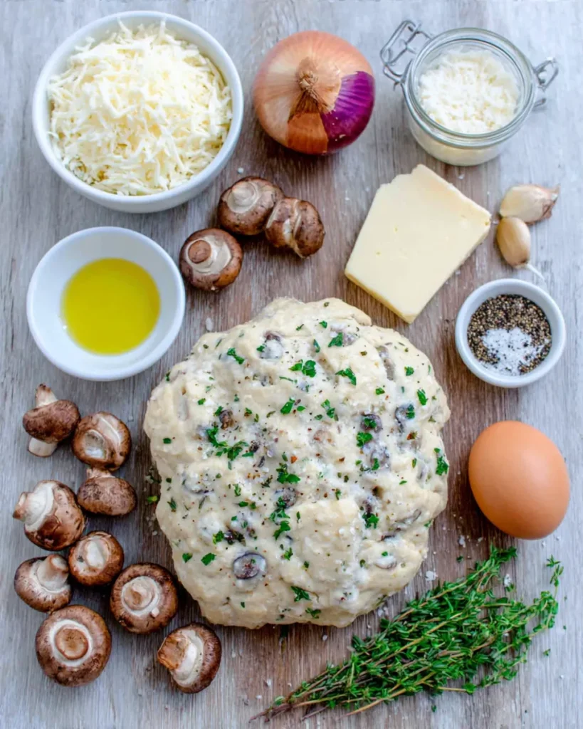 Puff pastry sheet, fresh mushrooms, Gruyère, Parmesan, cream cheese, onion, garlic, thyme, butter, olive oil, Dijon mustard, parsley, egg, salt, and pepper arranged on a rustic wooden counter.