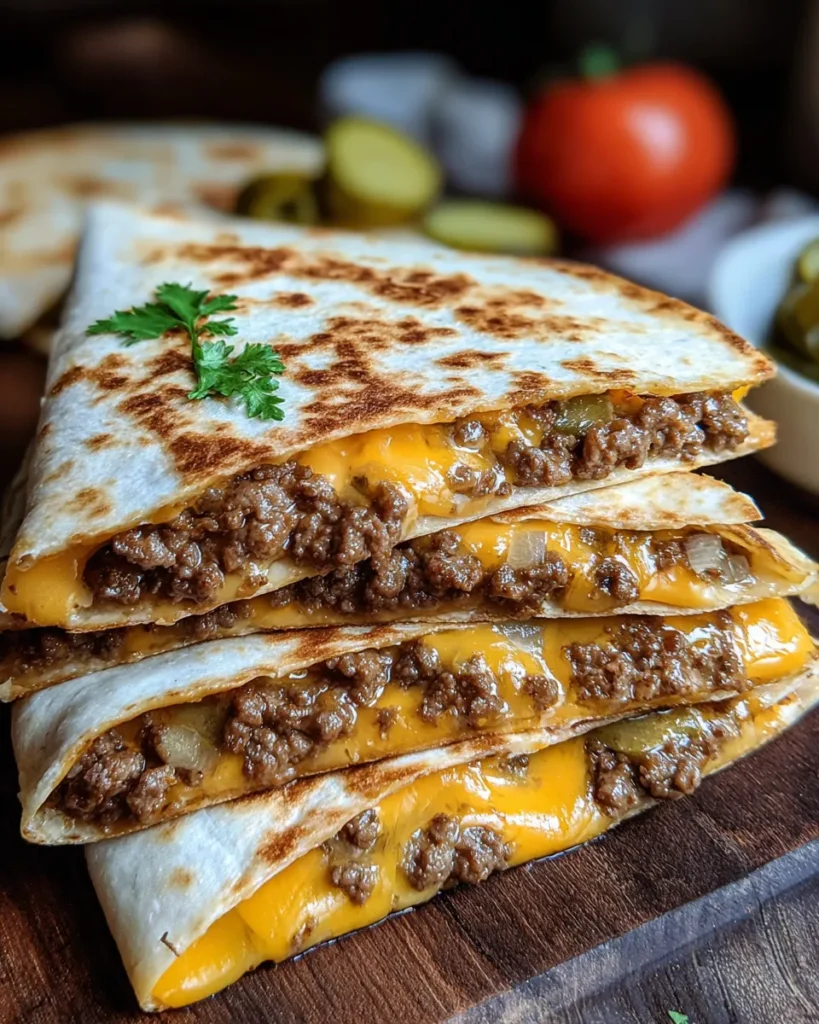 Close-up of crispy Smashburger Quesadillas on a white marble counter, filled with juicy ground beef and melted cheddar cheese, sliced into wedges and served with pickles on the side.