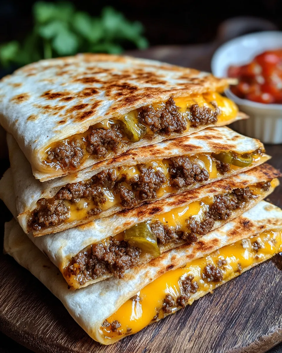 Close-up of crispy Smashburger Quesadillas on a white marble counter, filled with juicy ground beef and melted cheddar cheese, sliced into wedges and served with pickles on the side.