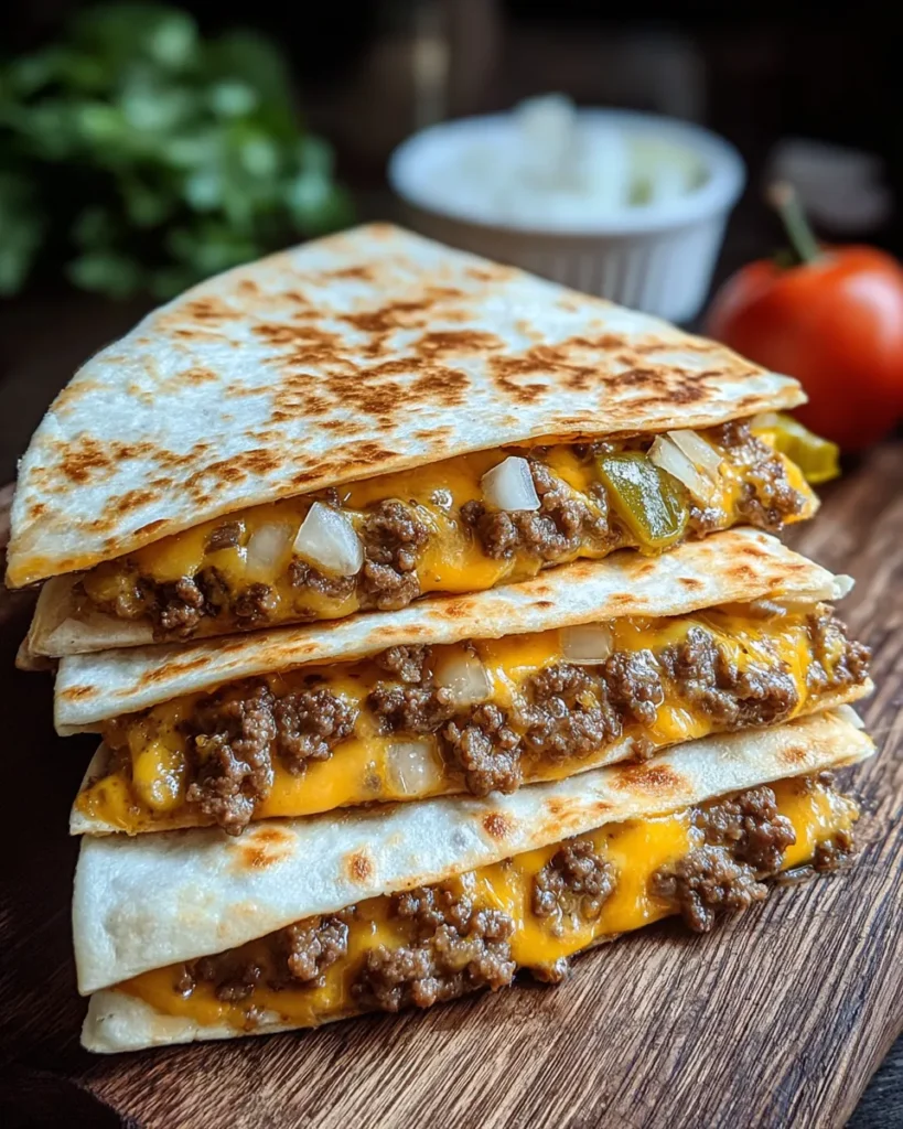 Close-up of crispy Smashburger Quesadillas on a white marble counter, filled with juicy ground beef and melted cheddar cheese, sliced into wedges and served with pickles on the side.