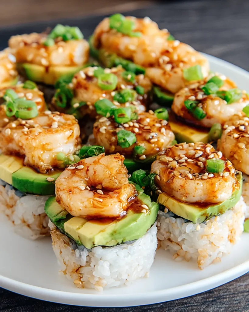 Spicy Shrimp Sushi Stacks layered with sushi rice, shrimp in spicy mayo, avocado, and cucumber, garnished with sesame seeds and fresh herbs, served in a round stack for a colorful sushi-inspired dish.
