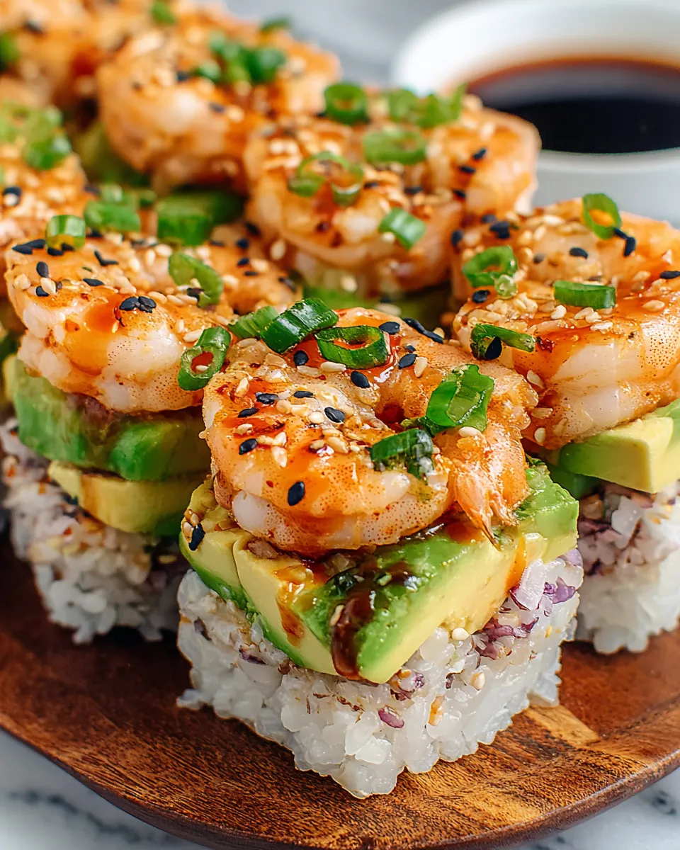 Spicy Shrimp Sushi Stacks layered with sushi rice, shrimp in spicy mayo, avocado, and cucumber, garnished with sesame seeds and fresh herbs, served in a round stack for a colorful sushi-inspired dish.