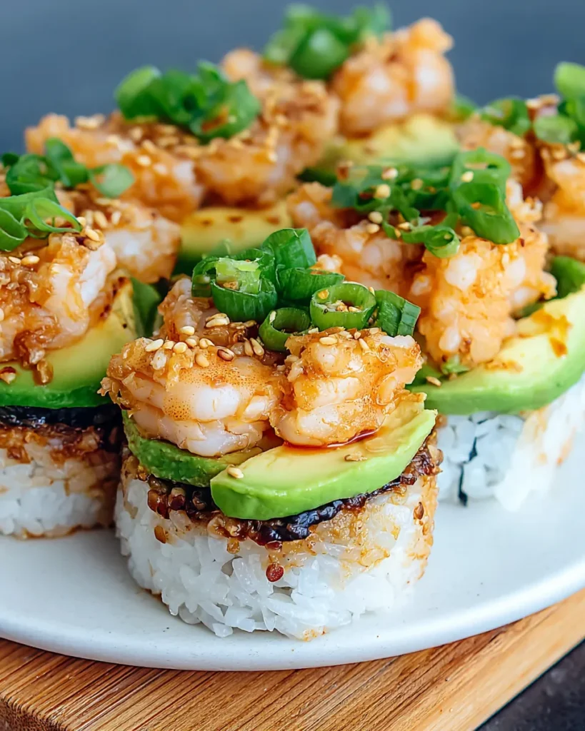 Spicy Shrimp Sushi Stacks layered with sushi rice, shrimp in spicy mayo, avocado, and cucumber, garnished with sesame seeds and fresh herbs, served in a round stack for a colorful sushi-inspired dish.