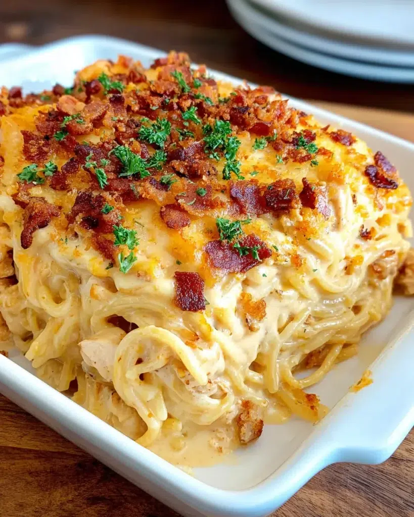 Spicy Southern Cheesy Chicken Spaghetti Casserole baked with tender chicken, spaghetti, melted cheddar cheese, and bell peppers, topped with golden bubbly cheese and fresh green onions.