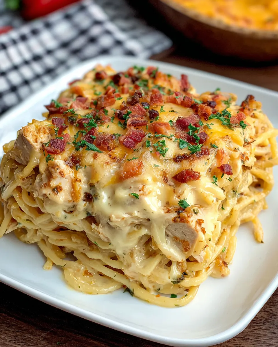 Spicy Southern Cheesy Chicken Spaghetti Casserole baked with tender chicken, spaghetti, melted cheddar cheese, and bell peppers, topped with golden bubbly cheese and fresh green onions.