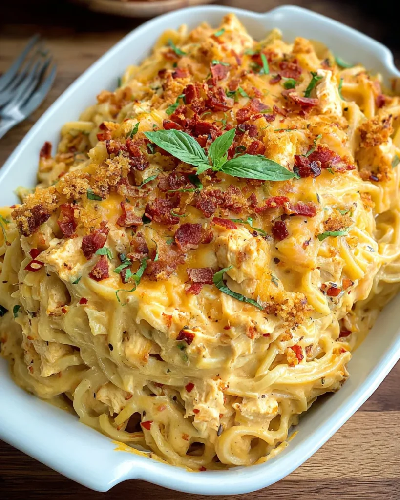 Spicy Southern Cheesy Chicken Spaghetti Casserole baked with tender chicken, spaghetti, melted cheddar cheese, and bell peppers, topped with golden bubbly cheese and fresh green onions.