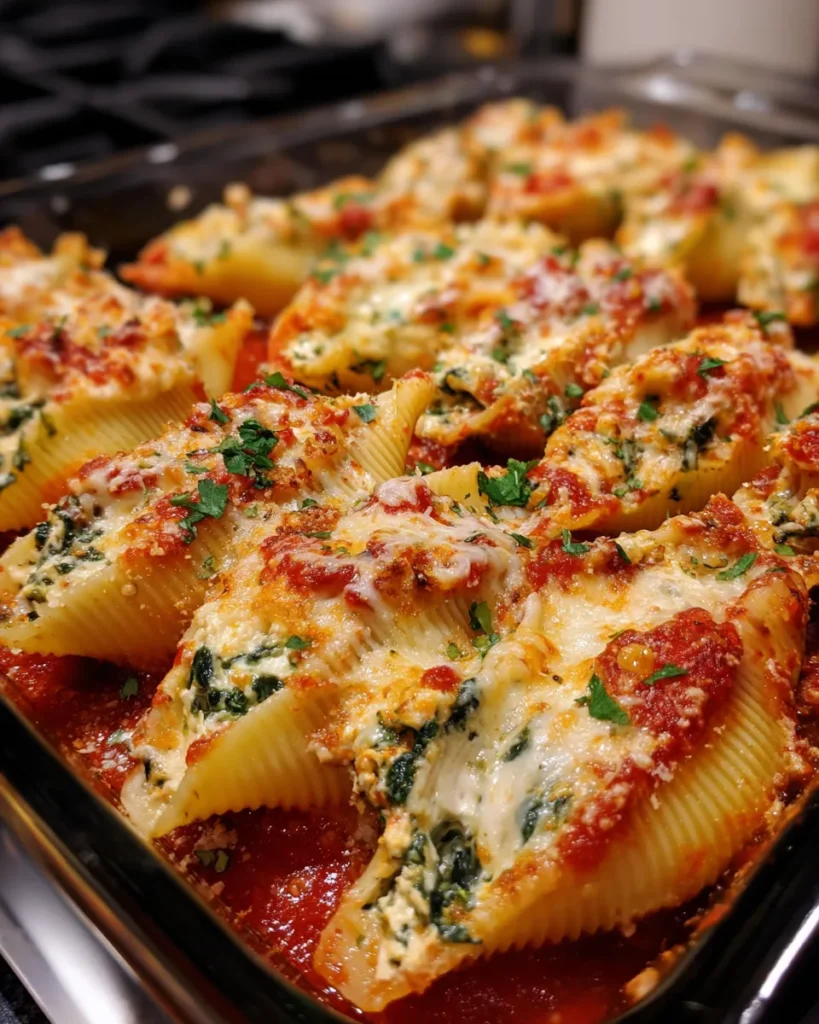 Close-up of spinach and ricotta stuffed pasta shells on a white marble counter, topped with melted mozzarella and marinara sauce, served in a rustic baking dish with fresh basil garnish.
