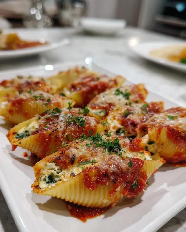 Close-up of spinach and ricotta stuffed pasta shells on a white marble counter, topped with melted mozzarella and marinara sauce, served in a rustic baking dish with fresh basil garnish.