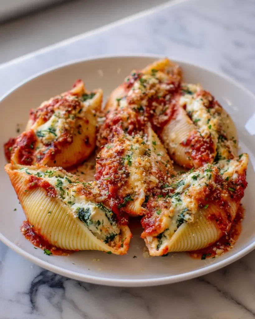 Close-up of spinach and ricotta stuffed pasta shells on a white marble counter, topped with melted mozzarella and marinara sauce, served in a rustic baking dish with fresh basil garnish.