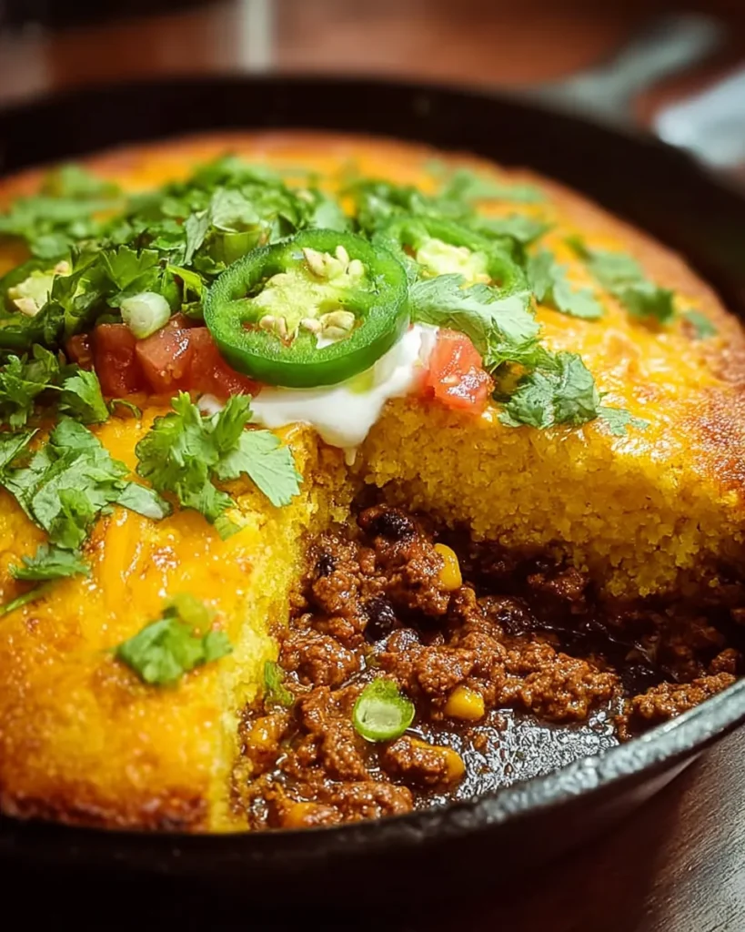 Homemade Texas Tamale Pie baked in a casserole dish with layers of seasoned ground beef, black beans, tomatoes, and a golden cheesy cornmeal crust, garnished with fresh cilantro