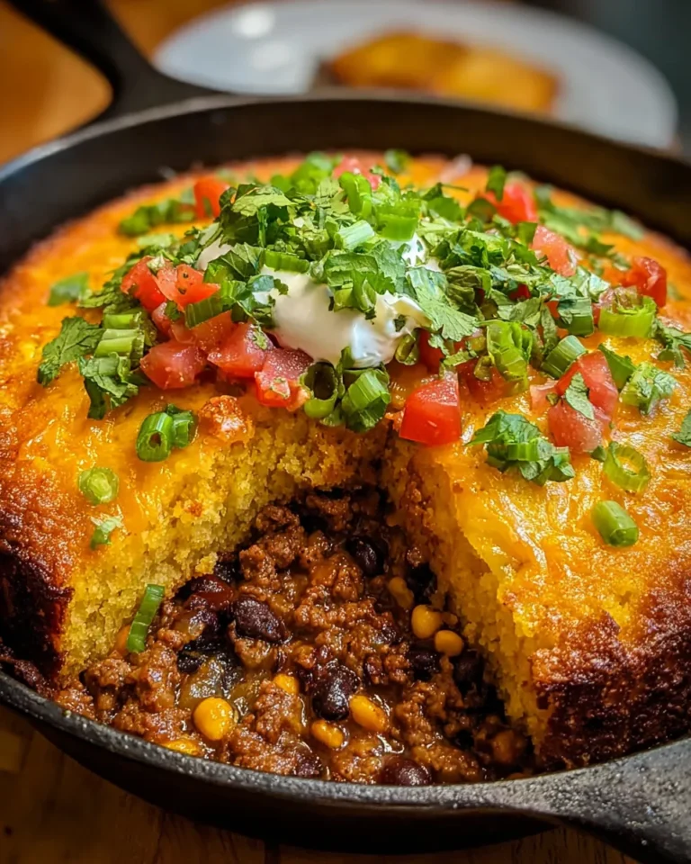 Homemade Texas Tamale Pie baked in a casserole dish with layers of seasoned ground beef, black beans, tomatoes, and a golden cheesy cornmeal crust, garnished with fresh cilantro