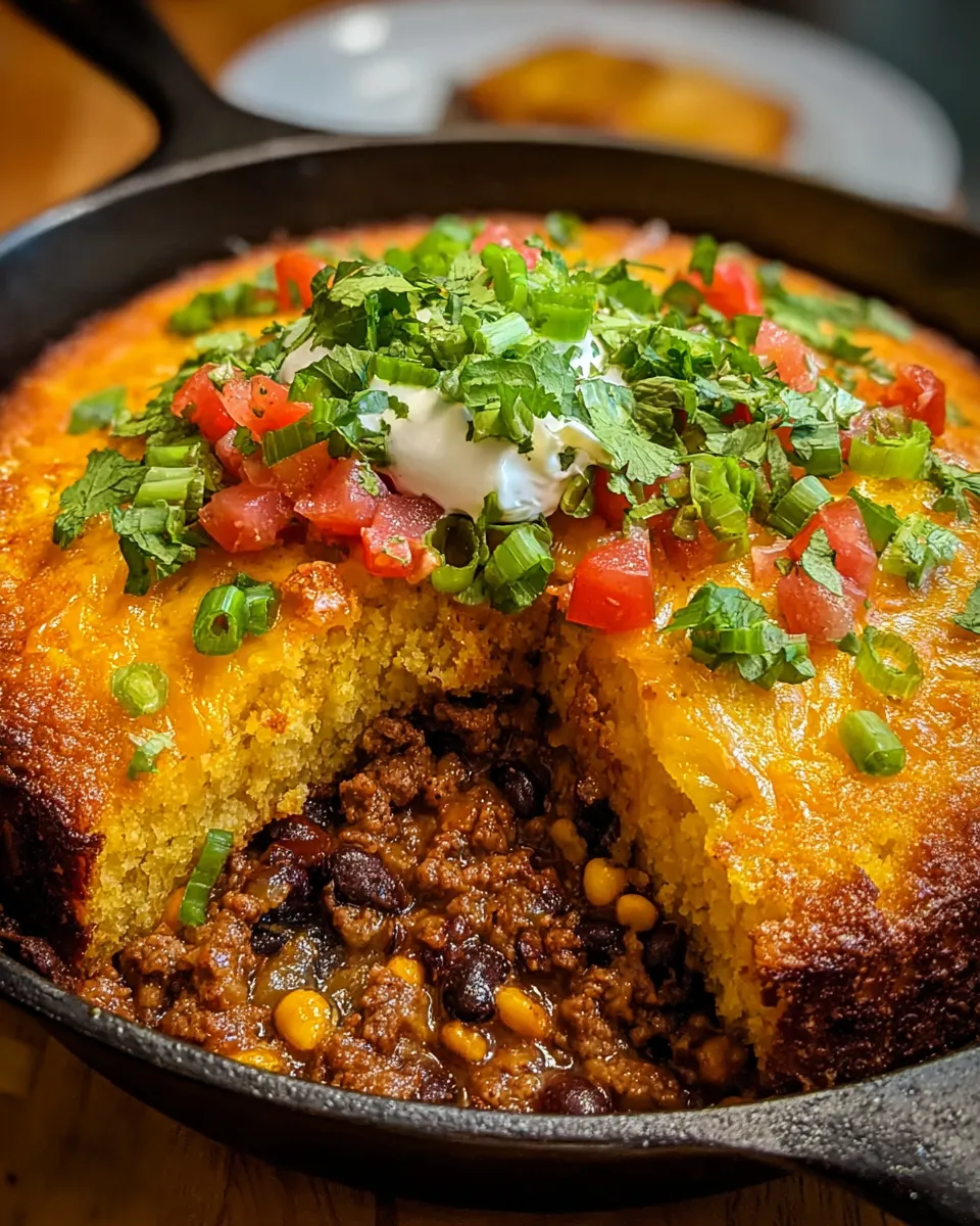 Homemade Texas Tamale Pie baked in a casserole dish with layers of seasoned ground beef, black beans, tomatoes, and a golden cheesy cornmeal crust, garnished with fresh cilantro