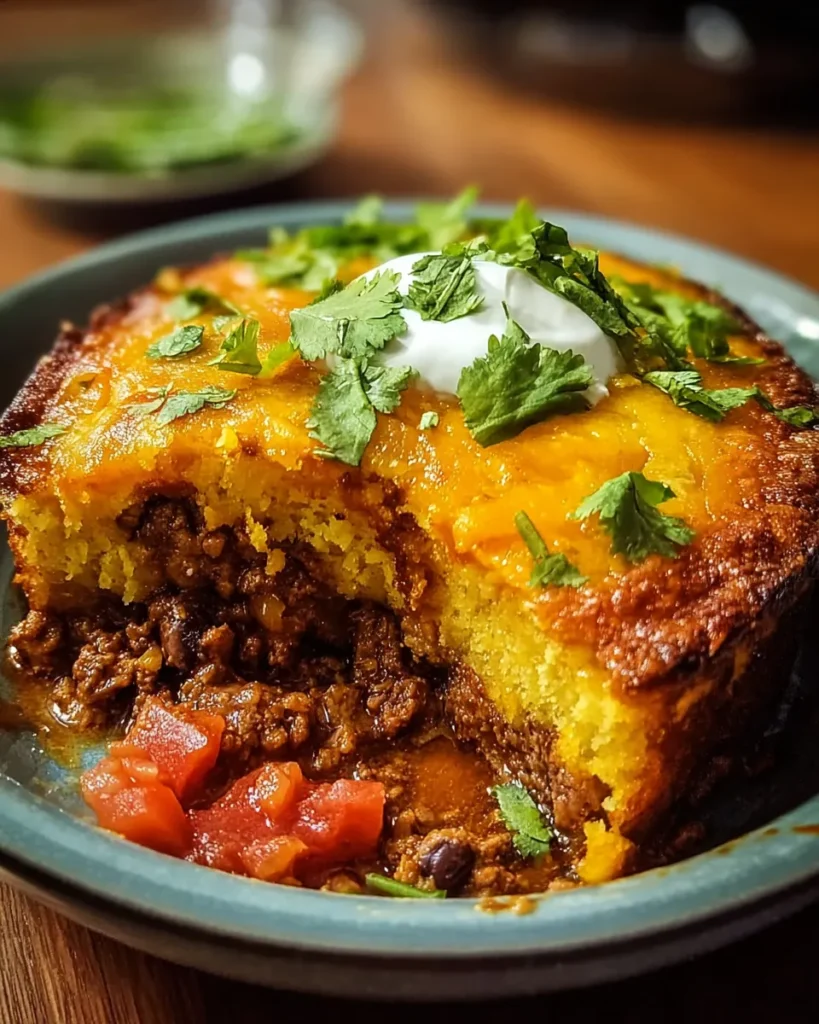 Homemade Texas Tamale Pie baked in a casserole dish with layers of seasoned ground beef, black beans, tomatoes, and a golden cheesy cornmeal crust, garnished with fresh cilantro