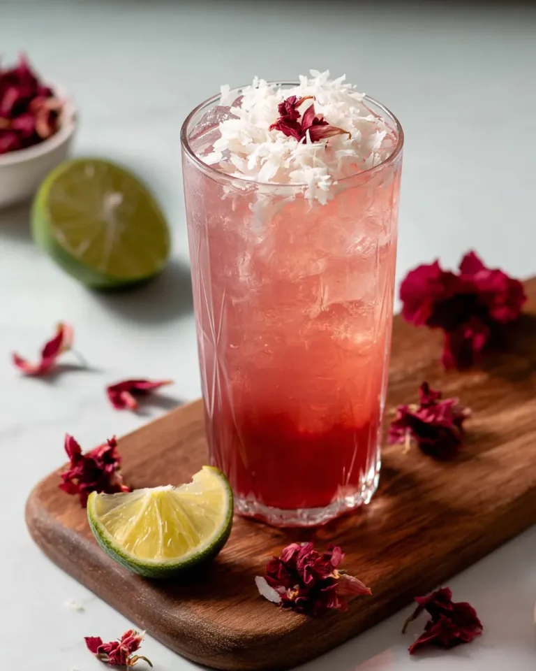 A vibrant pink Coconut Hibiscus Breeze Mocktail served in a tall glass, garnished with coconut flakes and edible flower petals, with ice cubes floating in the drink. The glass sits on a light surface with soft natural lighting, highlighting the layered, refreshing tropical drink.