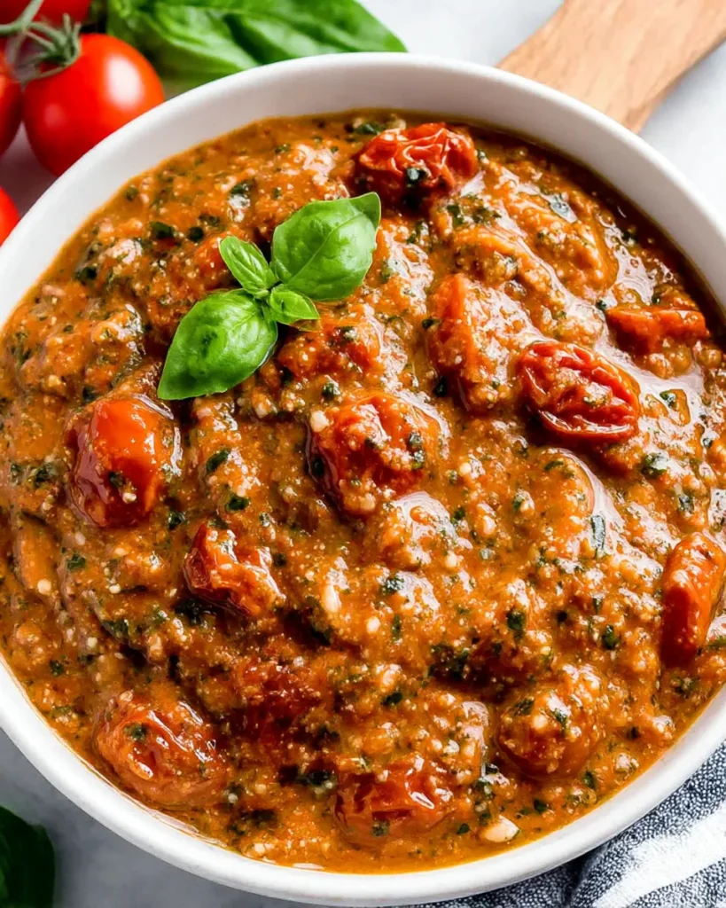 Close-up of creamy Sicilian tomato pesto with toasted almonds and fresh basil