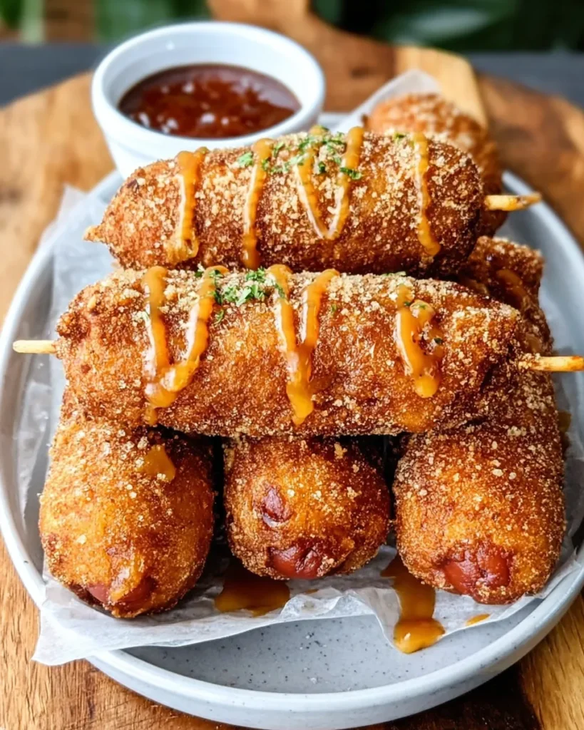 Crispy vegetarian corn dogs on wooden skewers fresh from the fryer