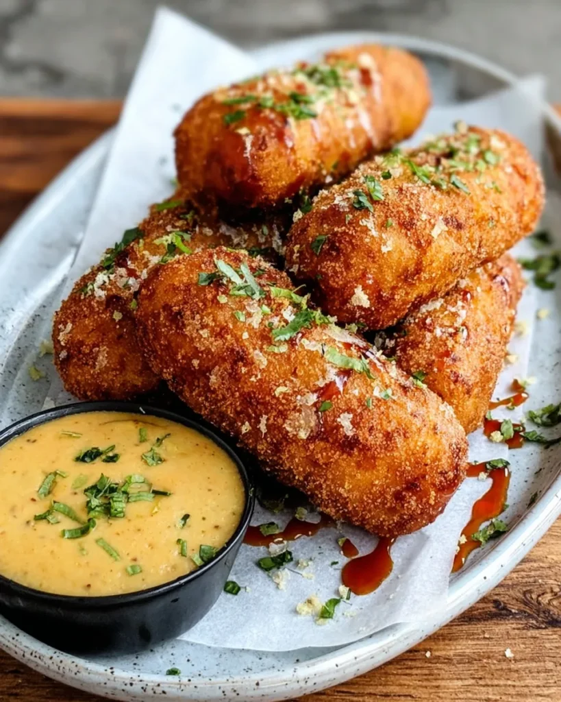 Golden homemade vegetarian corn dogs served on a plate with ketchup and mustard for dipping