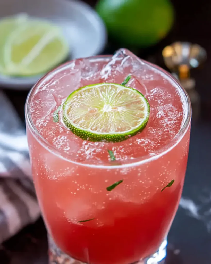 A vibrant Virgin Cosmopolitan Mocktail served in a chilled martini glass, made with cranberry juice, lime juice, orange juice, and sparkling water, garnished with a lime wedge and citrus twist, placed on a white marble counter with natural light and soft focus