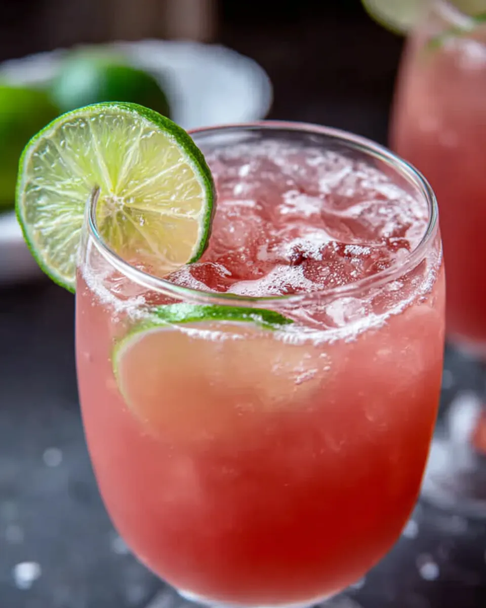 A vibrant Virgin Cosmopolitan Mocktail served in a chilled martini glass, made with cranberry juice, lime juice, orange juice, and sparkling water, garnished with a lime wedge and citrus twist, placed on a white marble counter with natural light and soft focus