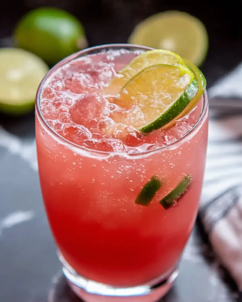 A vibrant Virgin Cosmopolitan Mocktail served in a chilled martini glass, made with cranberry juice, lime juice, orange juice, and sparkling water, garnished with a lime wedge and citrus twist, placed on a white marble counter with natural light and soft focus