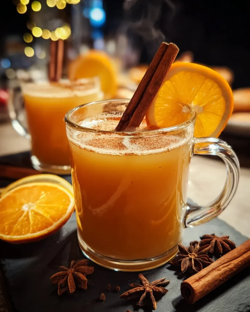 Warm Cinnamon Orange Delight Mocktail served in a clear glass mug with fresh orange slices and a cinnamon stick, a cozy winter drink made with orange juice, apple cider, honey, cloves, and nutmeg.