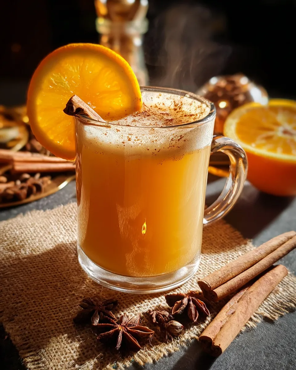 Warm Cinnamon Orange Delight Mocktail served in a clear glass mug with fresh orange slices and a cinnamon stick, a cozy winter drink made with orange juice, apple cider, honey, cloves, and nutmeg.