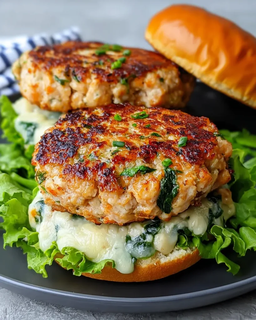 Homemade chicken burger patty with melted white cheddar and chopped spinach on a plate