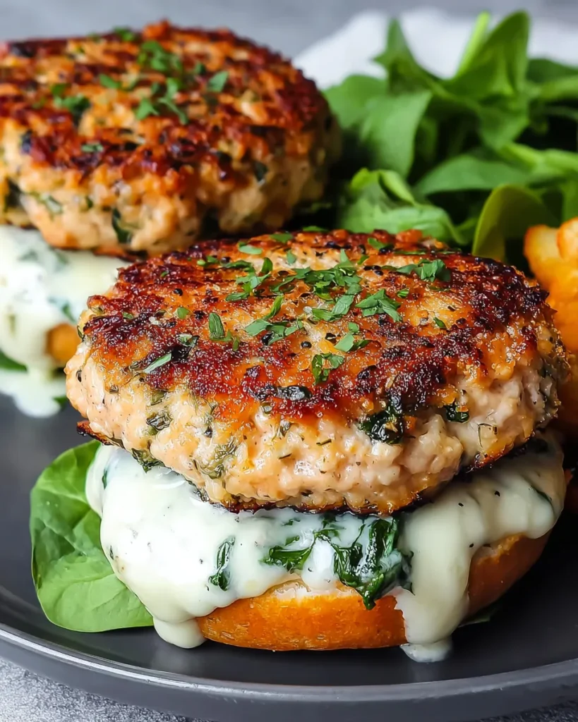 Homemade chicken burger patty with melted white cheddar and chopped spinach on a plate