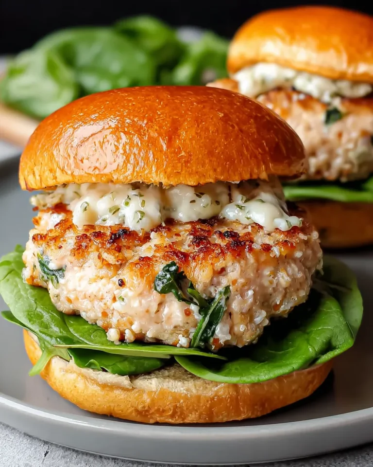 Homemade chicken burger patty with melted white cheddar and chopped spinach on a plate