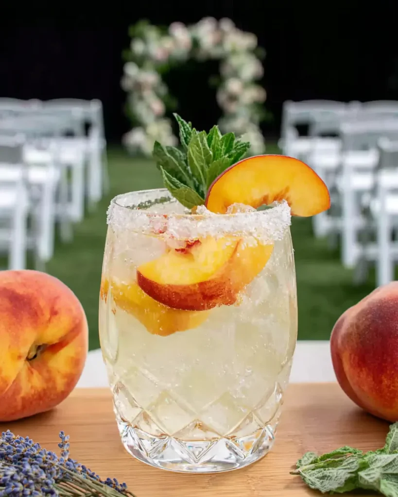 A chilled White Peach Lemonade Mocktail served in a tall glass with ice, fresh mint leaves, and peach slices, sparkling in the sunlight, perfect for a summer wedding reception.
