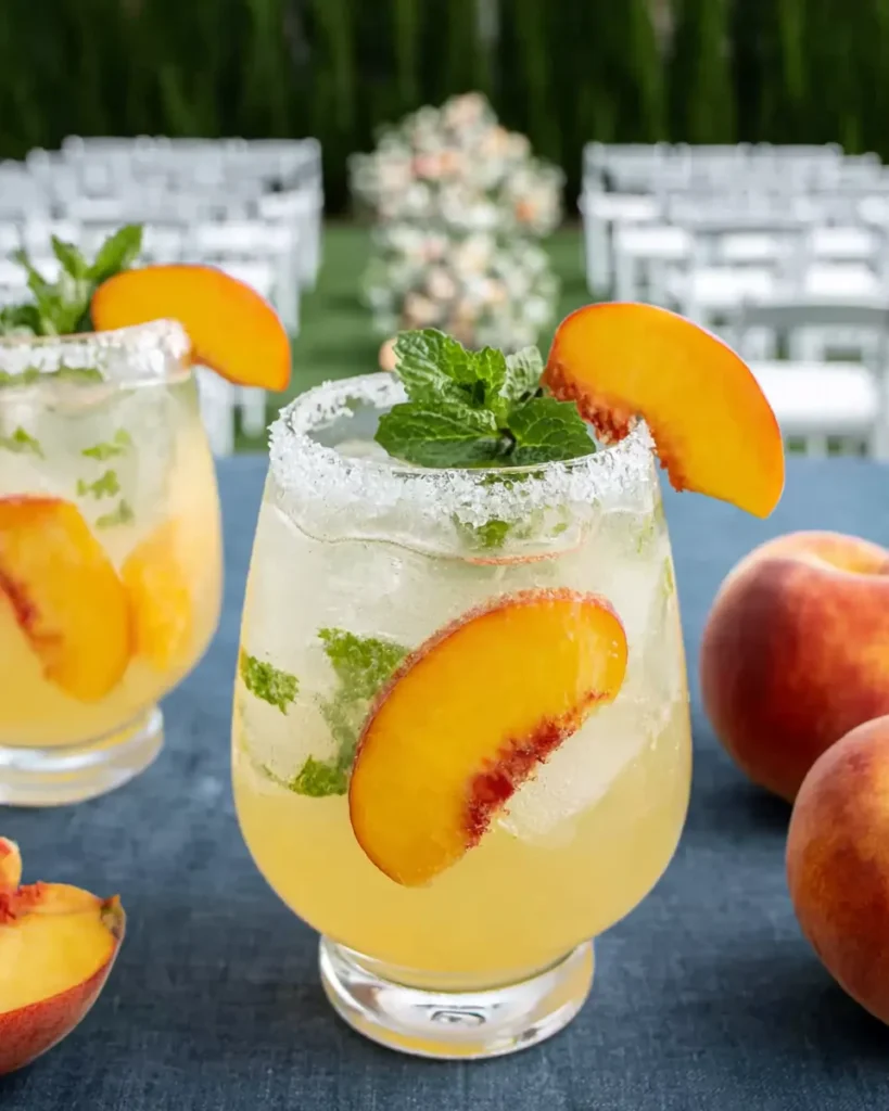A chilled White Peach Lemonade Mocktail served in a tall glass with ice, fresh mint leaves, and peach slices, sparkling in the sunlight, perfect for a summer wedding reception.
