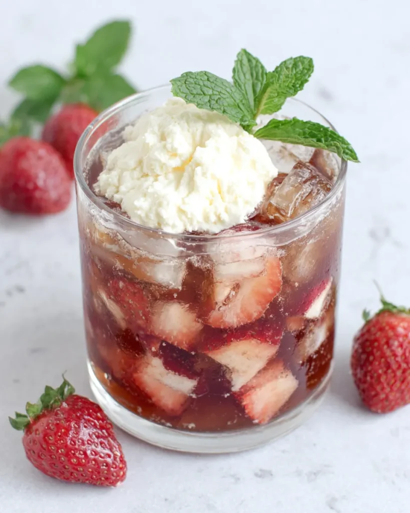 Close-up of a Homemade Real Fruit Irish Cream Soda on white marble, featuring layers of fresh strawberries, fizzy club soda, and fluffy whipped cream, garnished with mint leaves in a tall glass.