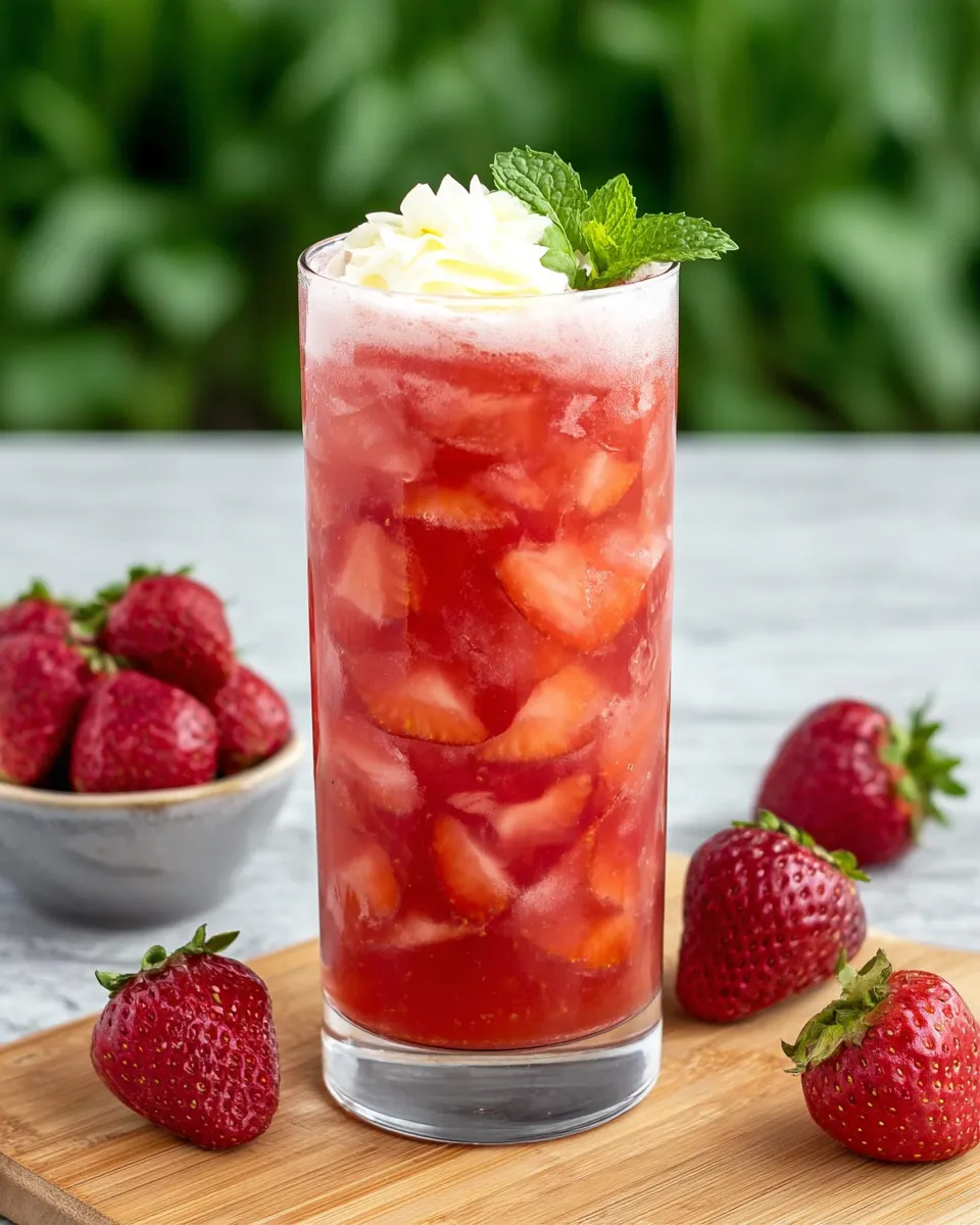 Close-up of a Homemade Real Fruit Irish Cream Soda on white marble, featuring layers of fresh strawberries, fizzy club soda, and fluffy whipped cream, garnished with mint leaves in a tall glass.