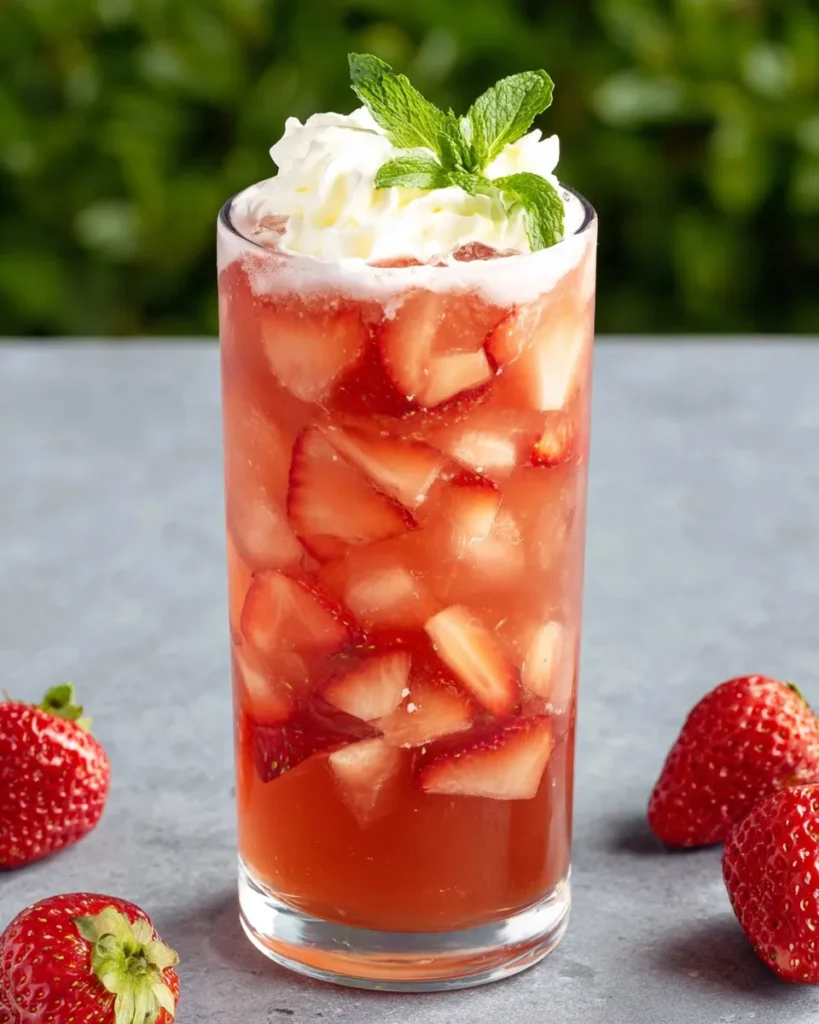 Close-up of a Homemade Real Fruit Irish Cream Soda on white marble, featuring layers of fresh strawberries, fizzy club soda, and fluffy whipped cream, garnished with mint leaves in a tall glass.