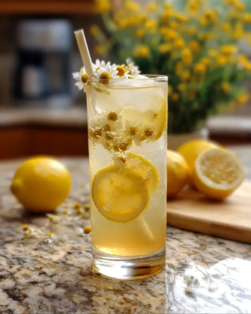 A glass of chamomile honey mocktail garnished with a lemon slice and chamomile flowers, filled with ice and sparkling water, set against a soft spring backdrop.