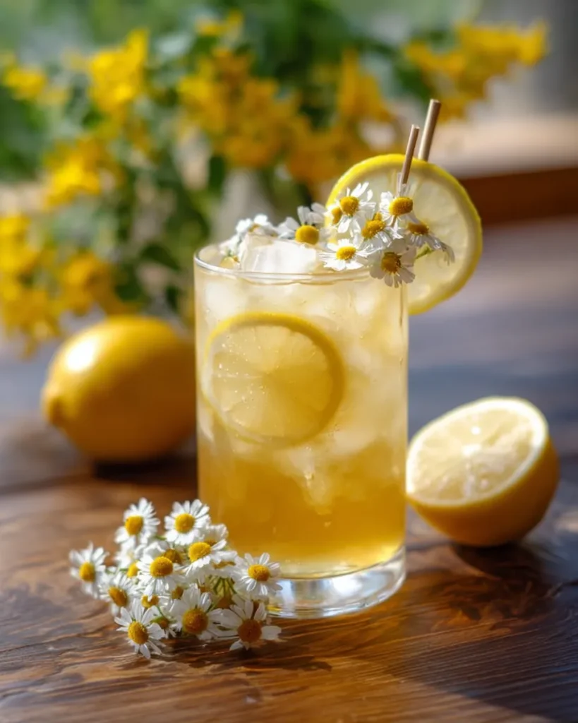 A glass of chamomile honey mocktail garnished with a lemon slice and chamomile flowers, filled with ice and sparkling water, set against a soft spring backdrop.