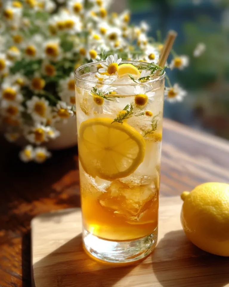 A glass of chamomile honey mocktail garnished with a lemon slice and chamomile flowers, filled with ice and sparkling water, set against a soft spring backdrop.