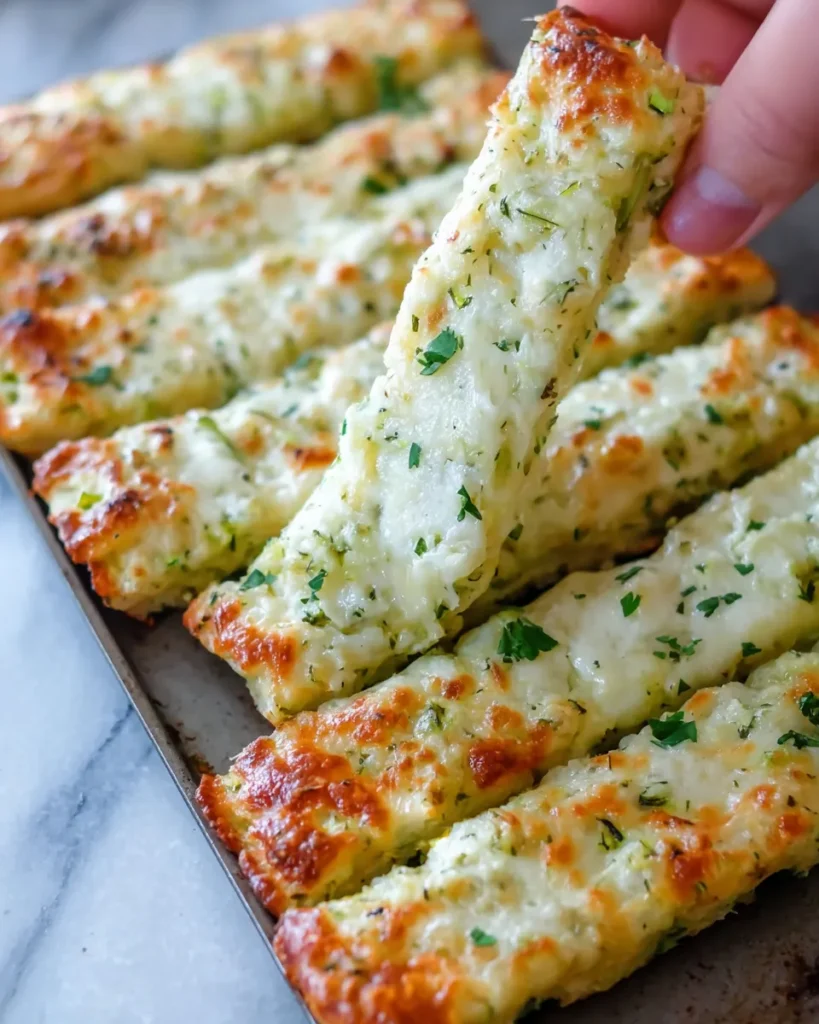 Golden brown cheesy zucchini breadsticks on a parchment-lined baking sheet, topped with melted mozzarella and parmesan, sliced into strips and ready to serve