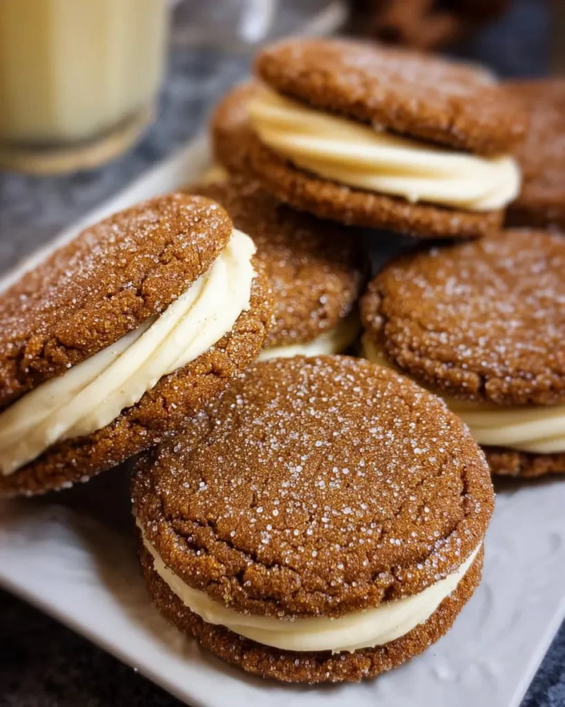 Soft ginger molasses sandwich cookies filled with creamy eggnog frosting, stacked on a plate with sugar-dusted tops, captured in warm homemade lighting.