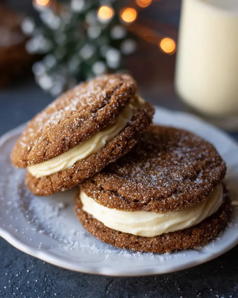 Soft ginger molasses sandwich cookies filled with creamy eggnog frosting, stacked on a plate with sugar-dusted tops, captured in warm homemade lighting.