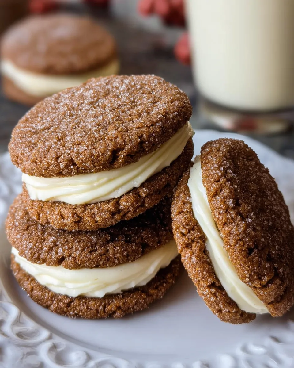 Soft ginger molasses sandwich cookies filled with creamy eggnog frosting, stacked on a plate with sugar-dusted tops, captured in warm homemade lighting.