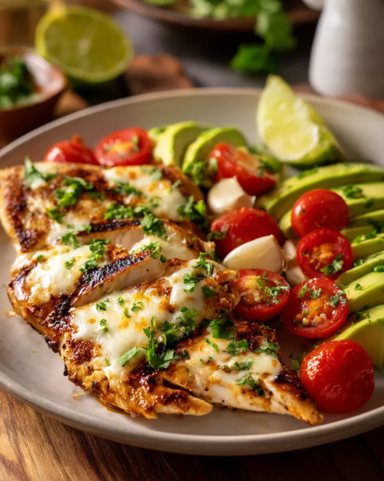 Close-up of grilled California avocado chicken topped with sliced avocado, cherry tomatoes, and melted cheese, served fresh on a plate in soft natural kitchen lighting.