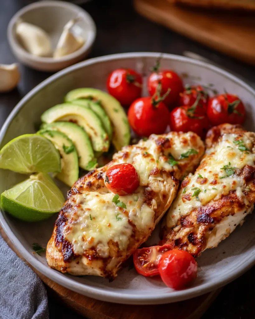 Close-up of grilled California avocado chicken topped with sliced avocado, cherry tomatoes, and melted cheese, served fresh on a plate in soft natural kitchen lighting.